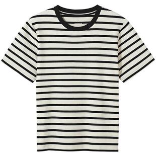 热风女士条纹短袖T恤上衣2026年春季新款磨毛条纹短袖内搭打底衫