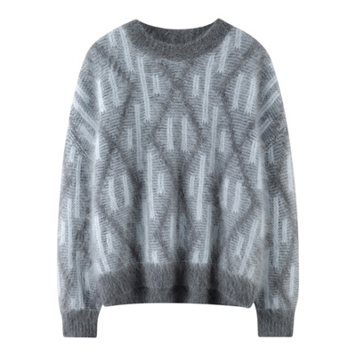 重磅拉绒拼色菱形100%纯山羊绒衫