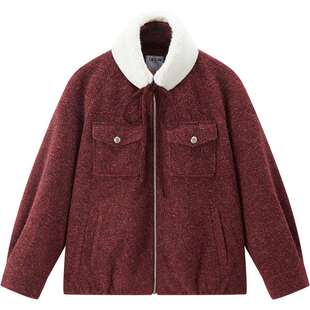 乐町精致绞花拉链外套冬季新款可拆卸毛领金属扣复古红色夹克外套
