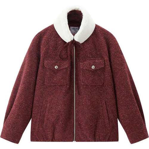 乐町精致绞花拉链外套冬季新款可拆卸毛领金属扣复古红色夹克外套