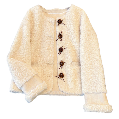 白色圆领羊羔毛摇粒绒加厚外套女