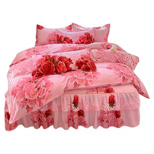 水洗棉床裙四件套韩版纯棉床罩款防滑式床单三件套公主风床上用品