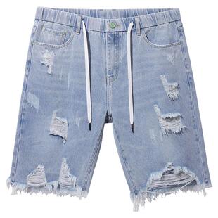 潮牌抽绳大码破洞牛仔短裤男松紧腰漏洞毛边乞丐五分裤300斤中裤