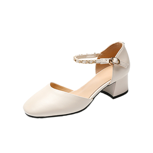 达芙妮包头凉鞋女款2025新款夏季法式粗跟小皮鞋女款高跟鞋女鞋子