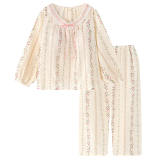 复古风带胸垫睡衣女款春秋长袖纯棉纱布100全棉婴儿棉家居服套装