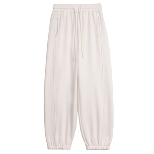 米白色加绒加厚束脚运动裤女25秋冬高腰宽松收口弯刀哈伦香蕉卫裤
