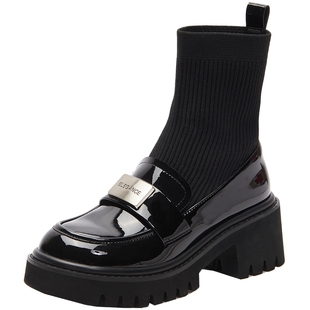 时装周同款百田森弹力靴女冬新款乐福鞋短靴加绒厚底针织连袜靴子