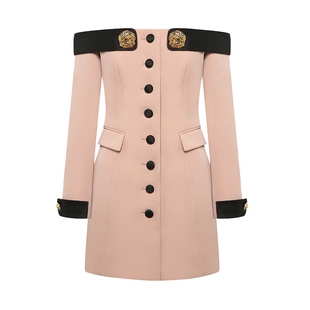 Maison Wester夏季女士单排扣气质一字肩拼缎面连衣裙可露丽穿搭