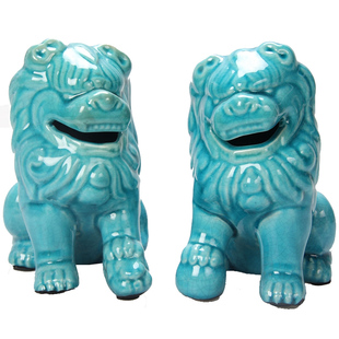 猛虎嗅蔷薇蓝色陶瓷小狮子瓷器摆件一对客厅入户镇宅新中式装饰品