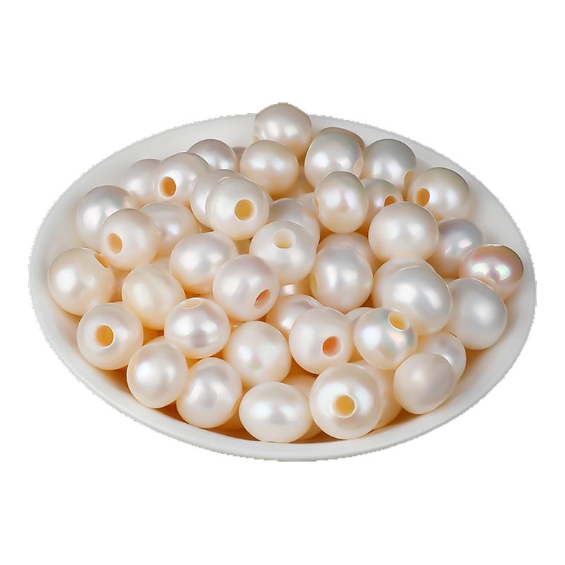 天然淡水螺纹大孔珍珠近圆珠子散珠项链吊坠手链手串diy材料配件
