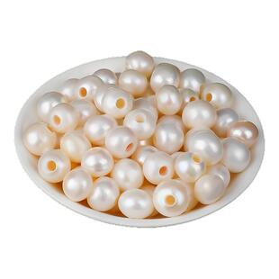 天然淡水螺纹大孔珍珠近圆珠子散珠项链吊坠手链手串diy材料配件