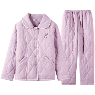 美标女士三层加厚夹棉纯棉家居服女秋冬新款保暖可外穿全棉质睡衣