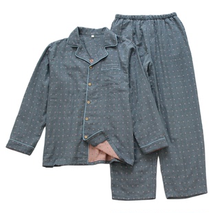 男长袖长裤睡衣色织提花双层纱布高级感家居服春夏季纯棉纱布薄款