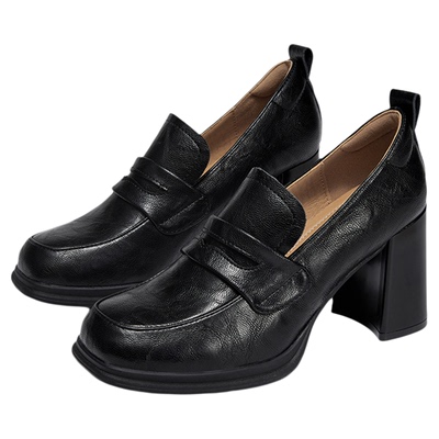 达芙妮粗跟乐福鞋百搭高跟单鞋女