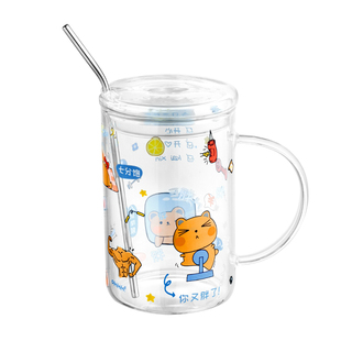 督促减肥元素大容量玻璃杯清新水杯女可爱带吸管带盖1000ml牛奶杯