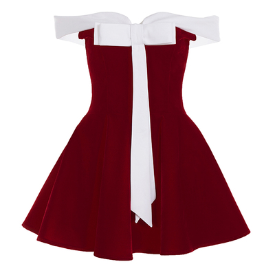 法式千金风蝴蝶结撞色露肩连衣裙