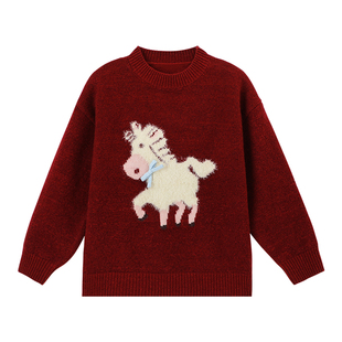 布丁哈鲁冬装女童童装保暖上衣2025秋冬季新款儿童新年小马毛衣