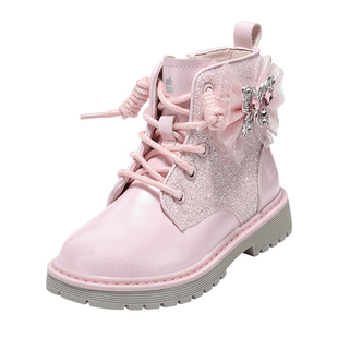 百丽童鞋女童马丁靴冬季加绒保暖短靴小女孩水晶公主靴儿童时装靴
