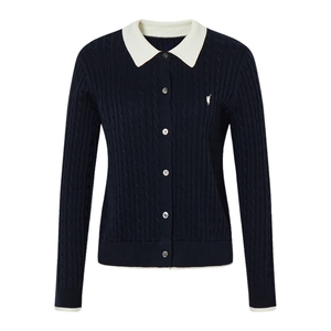 POLOWALK女式长袖针织衫2025秋冬新品纯色简约衬衫领针织开衫上衣