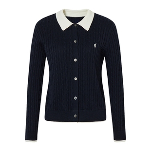 POLOWALK女式长袖针织衫2025秋冬新品纯色简约衬衫领针织开衫上衣