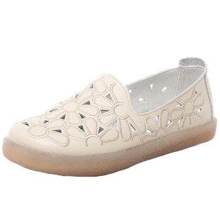 舒服的鞋子软面皮软底鞋女夏镂空透气凉鞋小白休闲真皮包头平底鞋