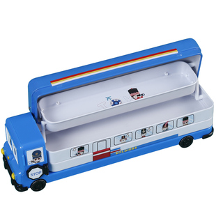 得力多功能文具盒小学生儿童幼儿园校园巴士火车铅笔盒创意男童女生大容量三层马口铁笔盒创意卡通汽车笔盒