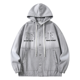 青少年水洗牛仔外套男生春秋季新款大学生夹克男装潮牌连帽上衣服