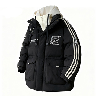 冬季新款青少年假两件连帽棉衣港风时尚加棉加厚保暖百搭男生外套