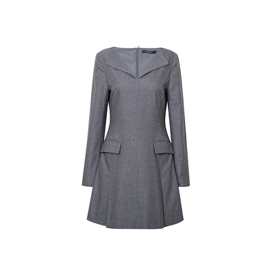 TOP家 时髦通勤 法式复古简约高级灰v型翻领羊毛西装显瘦连衣裙