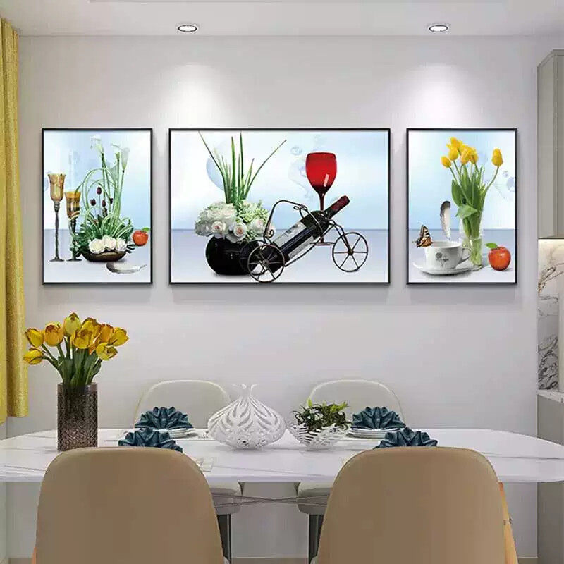 餐厅装饰画现代轻奢高档餐桌背景墙壁画时尚饭厅三联壁画红酒挂画