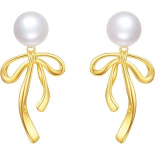 周六福耳钉女S925银黄金色流光蝴蝶结耳环珍珠耳饰送女友新年礼物