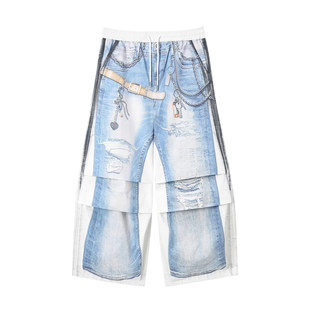 GENANX闪电潮牌2025秋季阔腿裤拖地仿牛仔裤印花休闲裤王橹杰同款