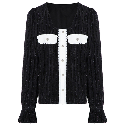 H·GENTEEL荷高新款冬装女黑白撞色毛织拼接衬衫上衣