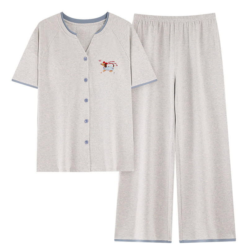 自带固定海绵胸垫短袖长裤睡衣开衫纯棉质家居服套装夏季女款开衫