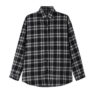 Halo Luu 黑白格子衬衫女春季2026新款上衣复古宽松外套长袖衬衣