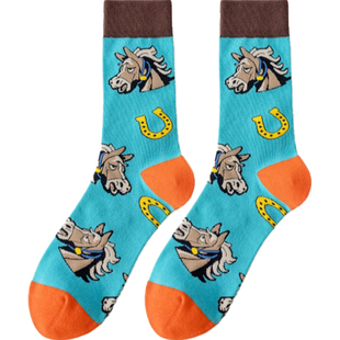 花袜子男款纯棉中筒袜秋冬季彩色卡通马图案长筒袜拼色可爱个性潮