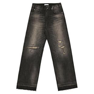 Selfness Vintage刀割破坏水洗做旧拉须直筒宽松男士黑牛仔裤长裤