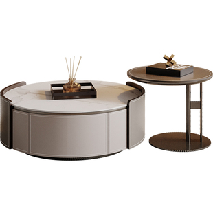 意式轻奢马鞍皮岩板圆形茶几电视柜小户型客厅大小圆实木茶几组合