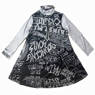 蝴蝶骨 原创设计街头涂鸦显瘦ABG辣妹长袖打底连衣裙2023春夏