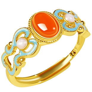 宫里上新红玛瑙戒指女款纯银红色宝石复古旺财生日马年本命年礼物