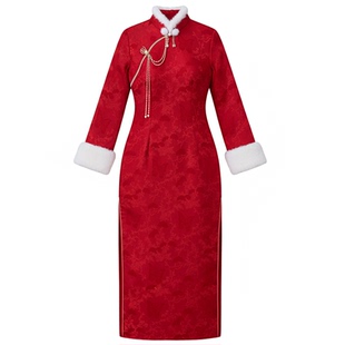 冬款旗袍长袖加绒加厚2025新款红色过年小袄拜年服改良连衣裙优雅