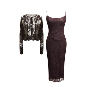 THE SWAN司凰轻奢 法式优雅气质蕾丝开衫/收腰显瘦蕾丝连衣裙套装