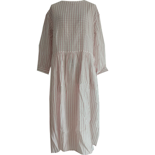 东方豆蔻原创设计新款格子条纹长袖连衣裙女式夏丝棉长裙袍子