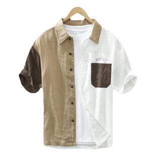 日系纯亚麻短袖T恤男士休闲T棉麻衬衫领体恤潮流拼色痞帅上衣夏装