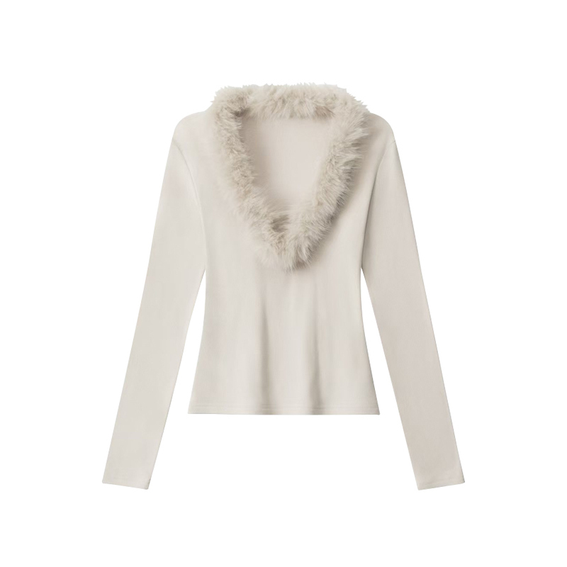 F383 美式复古高级感气质长袖上衣毛毛V领修身显瘦内搭辣妹T恤女