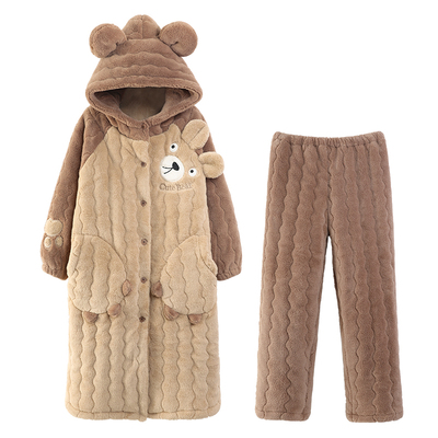 都市丽人睡袍女款秋冬加绒加厚三层夹棉珊瑚绒长款睡衣家居服套装