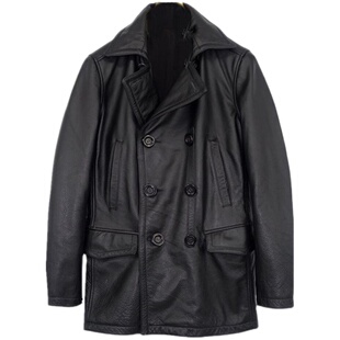 复古美式头层海宁牛皮双排扣风衣中长款皮大衣外套真皮皮衣男士