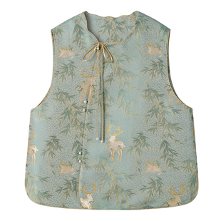 中国丝绸隆鹊【钱小萍 鹿竹合鸣蓝织金】非遗宋锦真丝马甲新中式