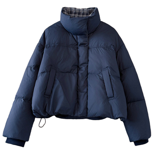 藏青蓝色格子拼接立领短款泡芙羽绒服女2025冬装新款保暖加厚外套