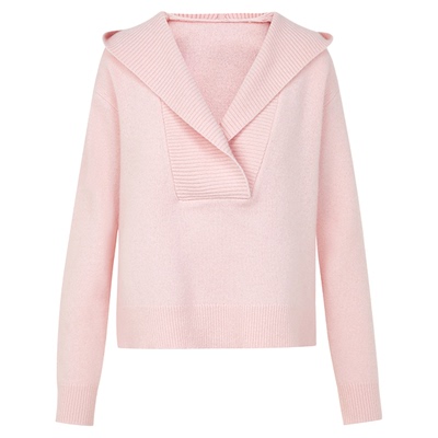 朗姿翻领连帽针织衫设计感v领宽松气质高级感毛衣2025年冬季新款